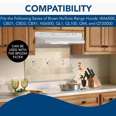 Kitchen with a range hood compatible with Charcoal Air Filter For QT20000 Series Range Hoods Replacement Carbon Filter.