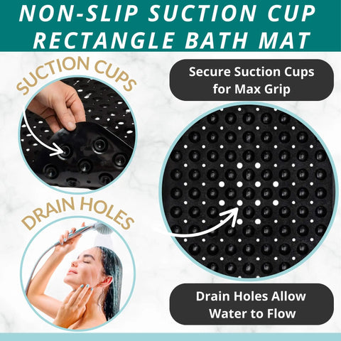 Extra Long Non Slip Bath Mat With Built Tough Suction Cups That Hold Fast On Wet Tub And Shower Floors Heavy Duty Anti Skid Safety Runner Strip In Matte Black 40X16 with suction cups and drain holes.