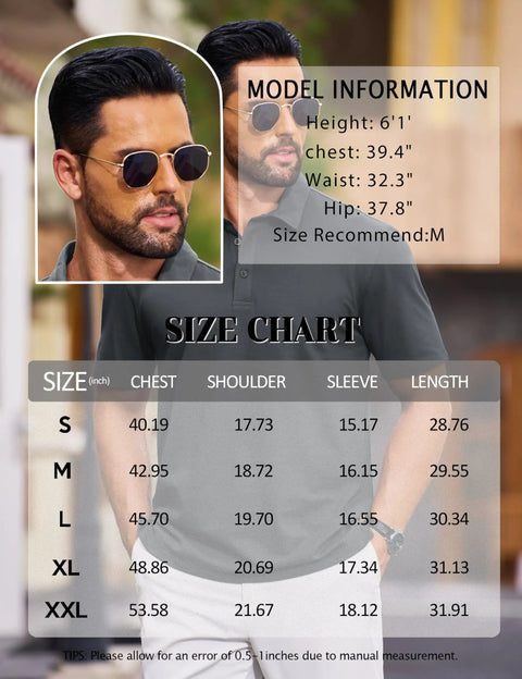 Model wearing Men's Polo Shirt Moisture Wicking Performance Short Sleeve Cotton Pique 3 Button Classic Fit Casual Tee in Dark Gray