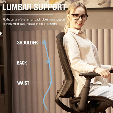 Woman sitting on ergonomic mesh office chair with adjustable lumbar support and armrests for home office