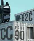 Dual Band Ham Radio Transceiver 136 to 174 MHz and 400 to 520 MHz with antenna shown with FCC Part 90 certified label