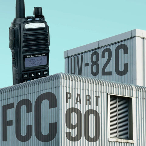 Dual Band Ham Radio Transceiver 136 to 174 MHz and 400 to 520 MHz with antenna shown with FCC Part 90 certified label