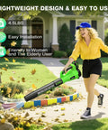 Woman using Cordless Leaf Blower With Brushless Motor, 1200W Power, 6 Speed Settings, Includes 2x 4.0Ah Batteries in garden