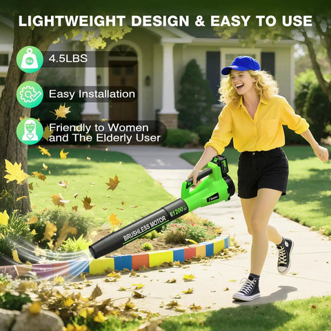 Woman using Cordless Leaf Blower With Brushless Motor, 1200W Power, 6 Speed Settings, Includes 2x 4.0Ah Batteries in garden