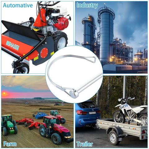 Beefed Up 30 Pack Trailer Coupler Pins One Quarter Inch Shaft Locking Pin Safety PTO Pin One Quarter Inch By Two And Three Quarters Inches For PTO Farm Lawn Hitches And Garden Zinc Plated Steel with industrial, farm, and automotive scenes.