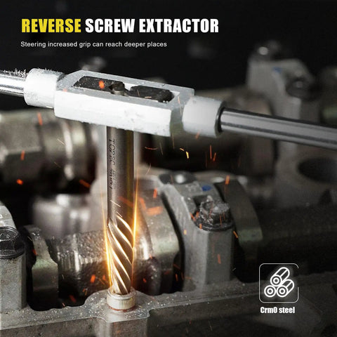 Close-up of 7 Piece Screw Extractor Set For Damaged Bolts And Stripped Screws Easy Out Bolt Extractors With Spiral Flutes Heavy Duty CR MO Steel For Maximum Grip As You Turn Ideal Gift For Men DIY Handymen And Auto Enthusiasts in use, showing spiral flutes gripping a bolt.