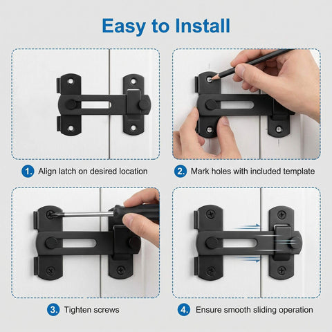 Installation steps for Barn Door Lock Set With Sliding Door Hardware In Carbon Steel Black Finish, Quick Lock Hook and Eye Latch