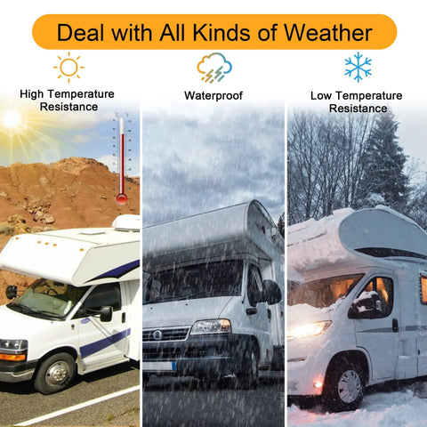 Three RVs in different weather conditions: sunny desert, rainstorm, snowy forest, showcasing Heavy Duty RV Roof Tape 4 Inch By 50 Feet Butyl Sealant For Camper Leaks UV Resistant Weatherproof Patch For Trailers And Boats Quick Durable Roof Repair Solution That Stops Rainy Day Leaks.