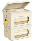 Large Cotton Linen Storage Bins With Lids 2 Pack Closet Organizer, beige fabric bins stacked, holding folded textiles.