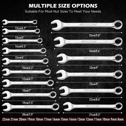15 Piece Metric Combination Wrench Set 8mm To 22mm Chrome Vanadium Steel with various sizes displayed on a dark background.