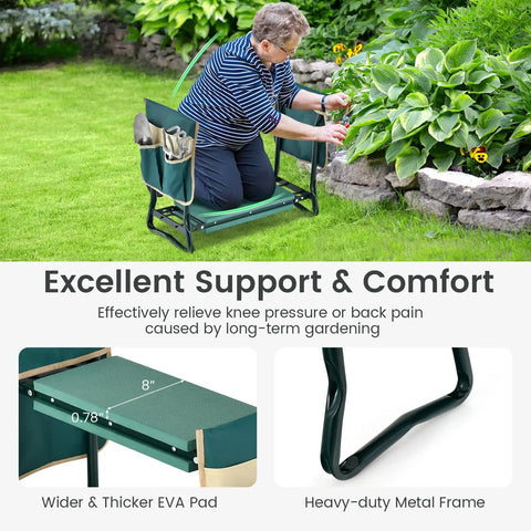 Garden Kneeler And Seat 2 In 1 Folding Gardening Stool With EVA Foam Pad And Heavy Duty Metal Frame Portable Bench With Detachable Tool Bags Perfect For Pruning Weeding Planting Great Gift For Women Men Seniors Holds 330 Lbs shown in use in garden