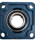 Front view of blue UCF201 pillow block bearing with 1/2 in bore and four-bolt flange