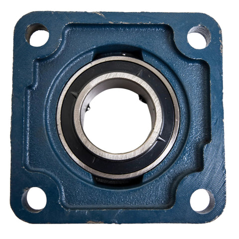 Front view of blue UCF201 pillow block bearing with 1/2 in bore and four-bolt flange