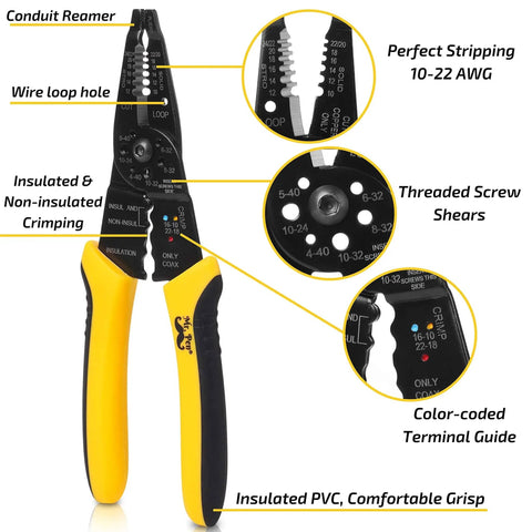 8 Inch Wire Stripper And Cutter Crimper Tool For 10 To 22 AWG Wires, Cable Stripper With PVC Grip, labeled details highlighted.