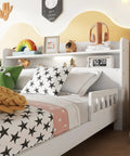 Solid Pine Wood Full Bed With Built In Bookcase Headboard LED Motion Sensor Night Light White Finish And Flexible Guardrails