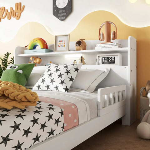 Solid Pine Wood Full Bed With Built In Bookcase Headboard LED Motion Sensor Night Light White Finish And Flexible Guardrails