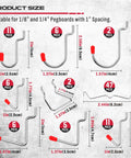 All In One Pegboard Hooks Set For Garage And Workshop Organization, 121 Piece Chrome Plated Metal Hooks Size Chart with Red Caps
