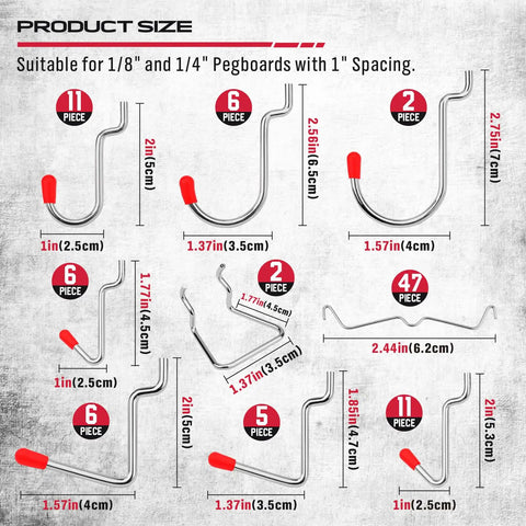All In One Pegboard Hooks Set For Garage And Workshop Organization, 121 Piece Chrome Plated Metal Hooks Size Chart with Red Caps