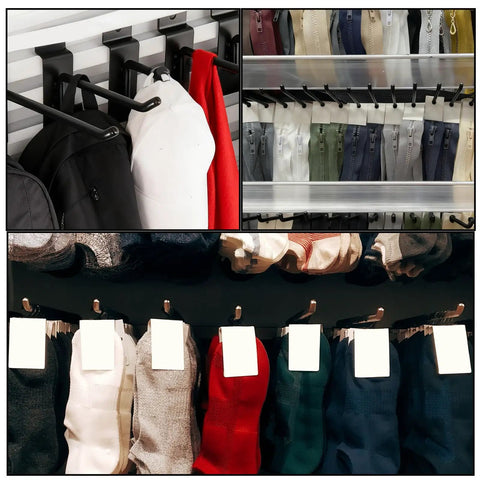 10 Pack 6 Inch Heavy Duty Slat Wall Hooks for Garage Organization with bags, caps, and clothes displayed on hooks