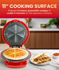 Cool 11 Inch Quesadilla Maker With Easy Slice Design cooking six wedges fast on a nonstick cooking surface.