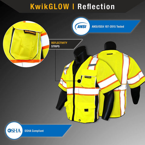 Executive High Visibility Safety Vest With 10 Pockets For Men, Class 3 ANSI OSHA Reflective Mesh Construction Gear, front and back view.