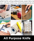 All-purpose utility knife set with retractable blade and rubber handle; shown cutting carpet, cardboard, fabric, and packaging.