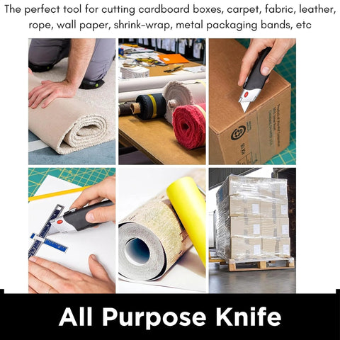All-purpose utility knife set with retractable blade and rubber handle; shown cutting carpet, cardboard, fabric, and packaging.