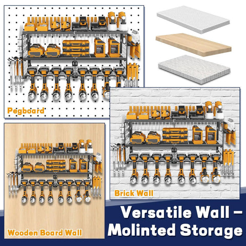 Heavy Duty Wall Mount Tool Organizer Rack For Garage 3 Tier Metal Shelf With 8 Drill Holders on various wall types