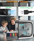 Durable 3D Printer Enclosure With Integrated Ventilation Kit for Efficient Smoke and Dust Control, shown with family and USB connector