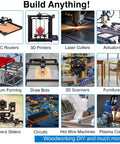 Collage of CNC routers, 3D printers, laser cutters, and other machines for various building applications.