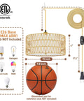 Straight Up Chic 13 Inch Gold Plug In Pendant Light With Super Smooth Rotary Dimmer Switch And Major Vibe Boho Rattan Fabric Hanging Lamp, dimensions and E26 base details.