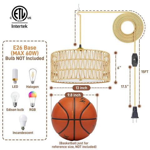 Straight Up Chic 13 Inch Gold Plug In Pendant Light With Super Smooth Rotary Dimmer Switch And Major Vibe Boho Rattan Fabric Hanging Lamp, dimensions and E26 base details.