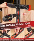 All In One 4 In 1 Drilling Positioning Scribing Ruler For DIY Pros adjusting drill with T square on wood board