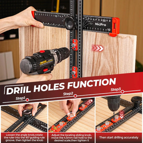 All In One 4 In 1 Drilling Positioning Scribing Ruler For DIY Pros adjusting drill with T square on wood board
