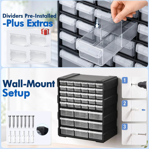 Two Size Drawer Organizer For Garage And Craft Storage With Dividers And Labels, thick black plastic wall-mount unit with clear drawers