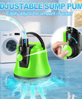 Adjustable green submersible sump pump in use, shown with flow control, for no fuss water removal with 10 ft hose, 950 GPH.