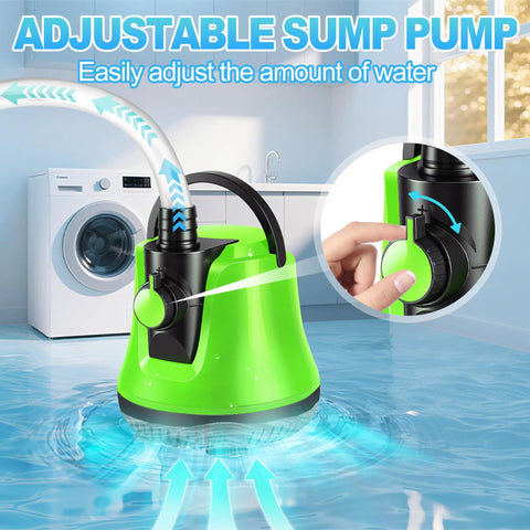 Adjustable green submersible sump pump in use, shown with flow control, for no fuss water removal with 10 ft hose, 950 GPH.