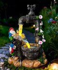 Solar Garden Gnomes Statues With LED Water Fountain 10 Inch Resin Outdoor Yard Decor, whimsical gnome next to lighted fountain