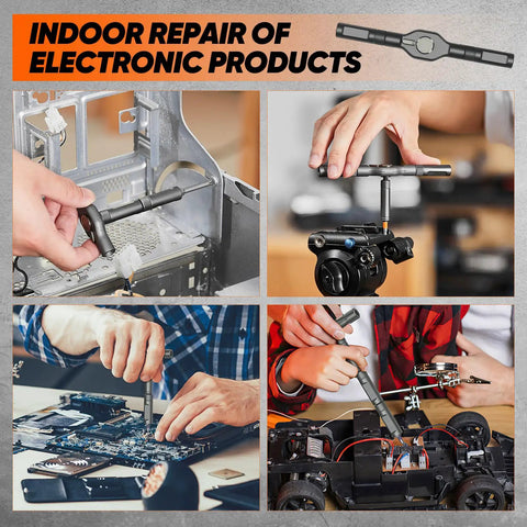 Forty Two In One Magnetic Screwdriver Set With Ratchet Handle used for repairing electronics indoors, shown in four scenarios