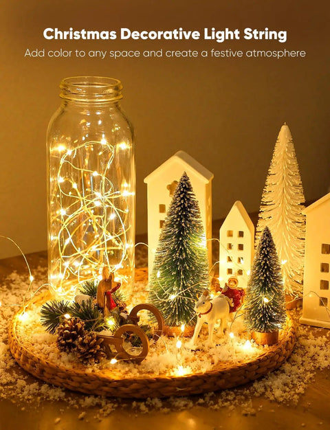 12 Pack Battery Operated Fairy String Lights With 7 Feet Silver Wire And 20 LED Warm White Twinkle Lights Eight Modes Waterproof For Mason Jars DIY Christmas Weddings Parties in a Christmas scene