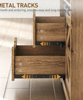 Close-up of metal tracks on Top Shelf Farmhouse End Table With Built In Charging Station And Two Deep Storage Drawers.