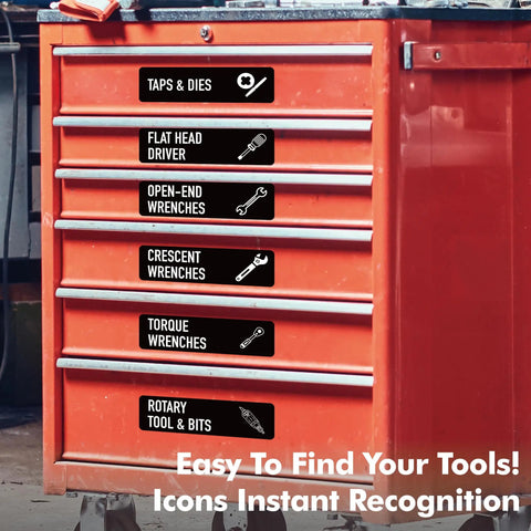 Red tool chest with Magnetic Toolbox Labels Set With 82 Pre Printed And 8 Blank Labels For Quick Mess Free Organization In The Workshop Or Garage Large 3.5 X 1 Inch Tool Chest Labels Fits All Steel Tool Boxes And Drawers Black