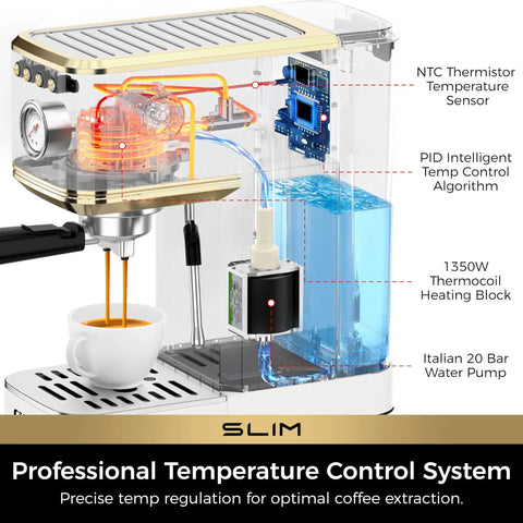 Slick Compact Espresso Maker With Crackin Hot 30 Second Heat Up And 20 Bar Italian Pump For Rich Crema Lattes Featuring Pro Milk Frothing Wand In Sleek White And Gold interior showing components like pump and heating block.