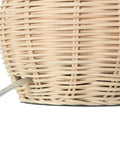 Close-up of woven rattan base of Boho Woven Rattan Table Lamp With Black Linen Shade In Natural Finish, rotary switch visible