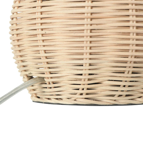Close-up of woven rattan base of Boho Woven Rattan Table Lamp With Black Linen Shade In Natural Finish, rotary switch visible