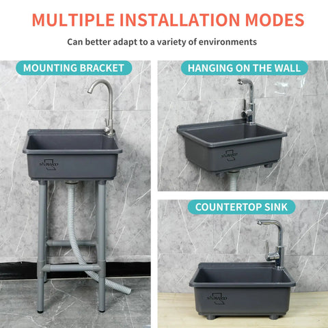 Easy Peasy Plastic Utility Sink Freestanding Laundry Tub 17 X 13 Inch Grey Slop Basin with multiple installation modes.