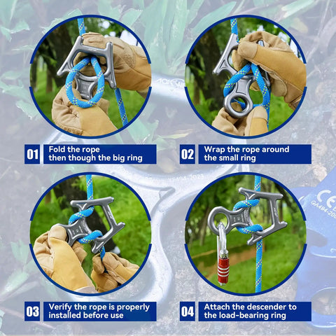 Beefy 30kN Figure 8 Descender Made From 7075 Aluminum showing stages of rope installation for climbing and rescue