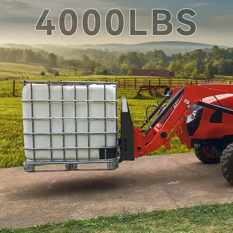 45 Inch Skid Steer Pallet Fork Frame With 48 Inch Fork Blades carrying heavy load, Kubota tractor in farm