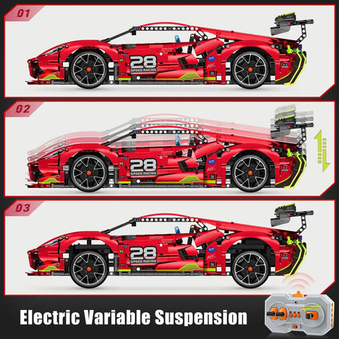 Remote Control Hypercar Building Kit With Five Fast Motors, 1835-Piece Set shown with electric variable suspension options