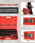 Red EgoFix tool box with 3/8 Inch Drive Impact Socket Set, 90 Piece Metric Socket Kit; includes case dimensions and carrying handle